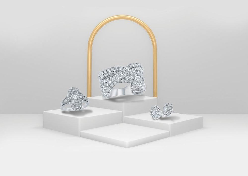 Shinebright crossover ring, flower ring and double-halo studs